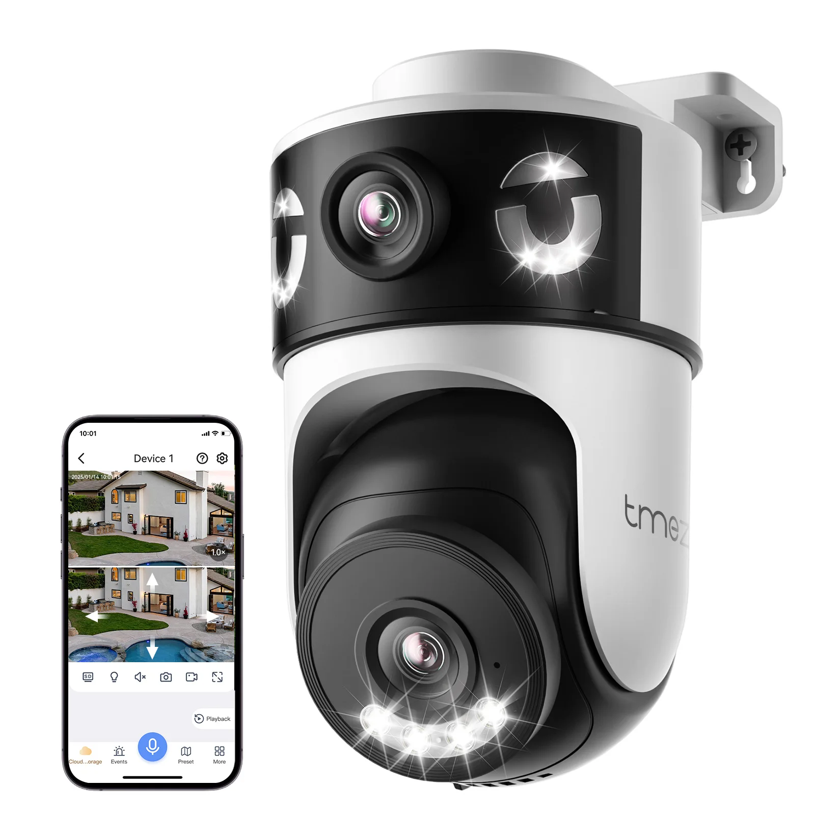 TMEZON, telecamera di sicurezza Wi-Fi con doppia lente, doppio schermo, risoluzione 10MP 5K, zoom digitale 4x, visione notturna, rilevamento di persone e funzione di videosorveglianza.