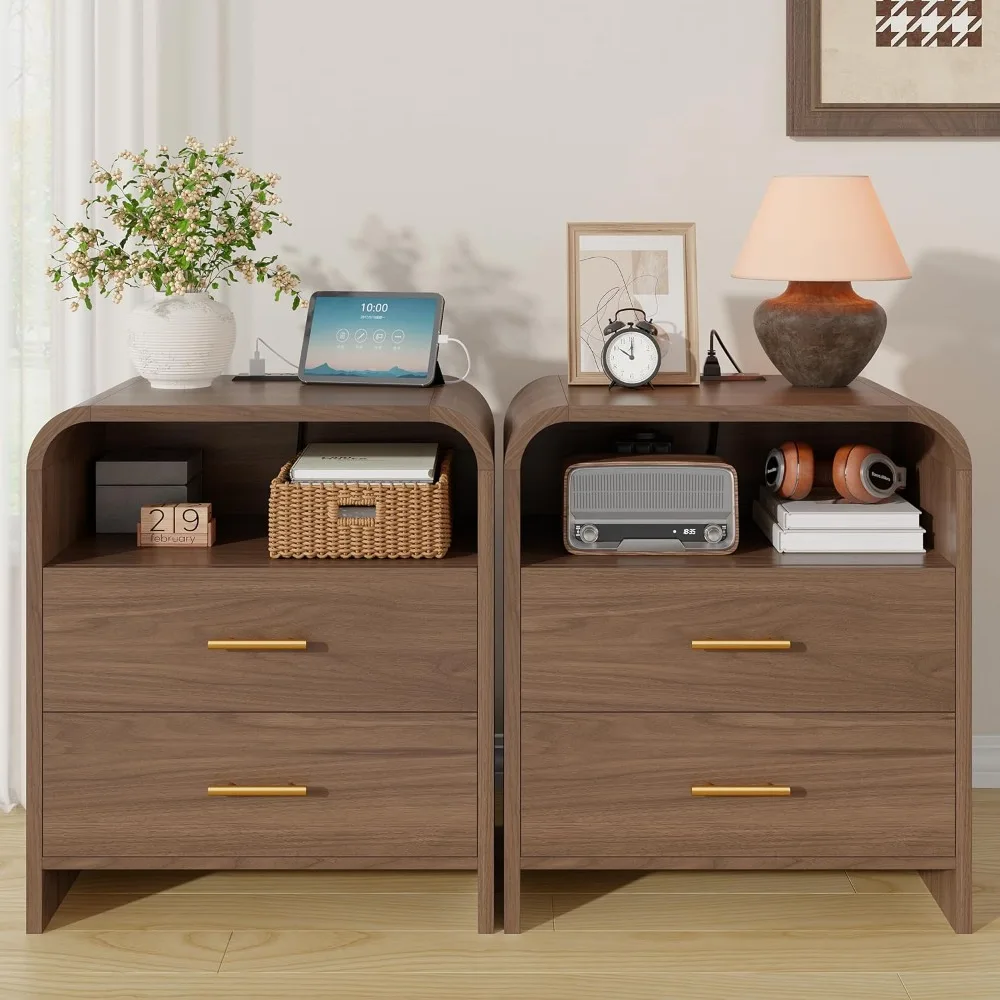 Modern Nightstand Set of 2 with Charging Station, 25'' Tall Mid Century Bedside Table w/ 2 Storage Drawers, Customized