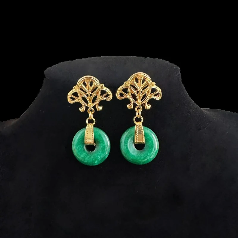 

Retro Jewelry with Chinese Style Hollowed Out Auspicious Clouds Palace Jade Chalcedony Safety Buckle Temperament Women Earrings