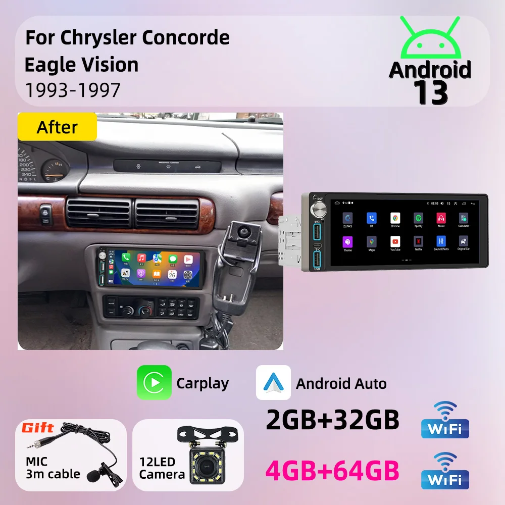 Autoradio Android 1 DIN de 6.86 Pulgadas para Chrysler Concorde Eagle Vision 1993-1997, Unidad Principal Multimedia para Auto, GPS, Carplay, Estéreo