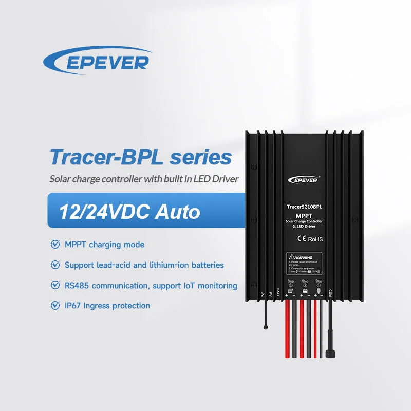 Epever Tracer BPL Series Auto Smart MPPT Solar Controller 10A/15A/20A IP67 LED Lighting 12/24VDC PV 100V Solar Charge Controller