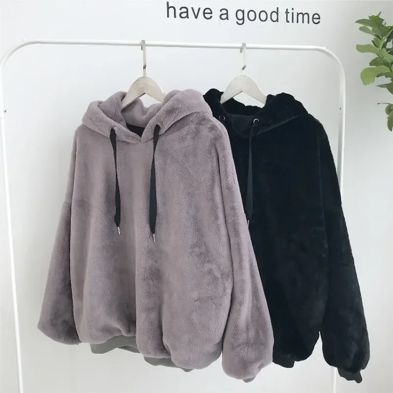 

Autumn Winter Warm Double-sided Plush Hoodies Women Korean Solid Loose Long-sleeved Pullover Coat Y2k Casual Sweatshirts