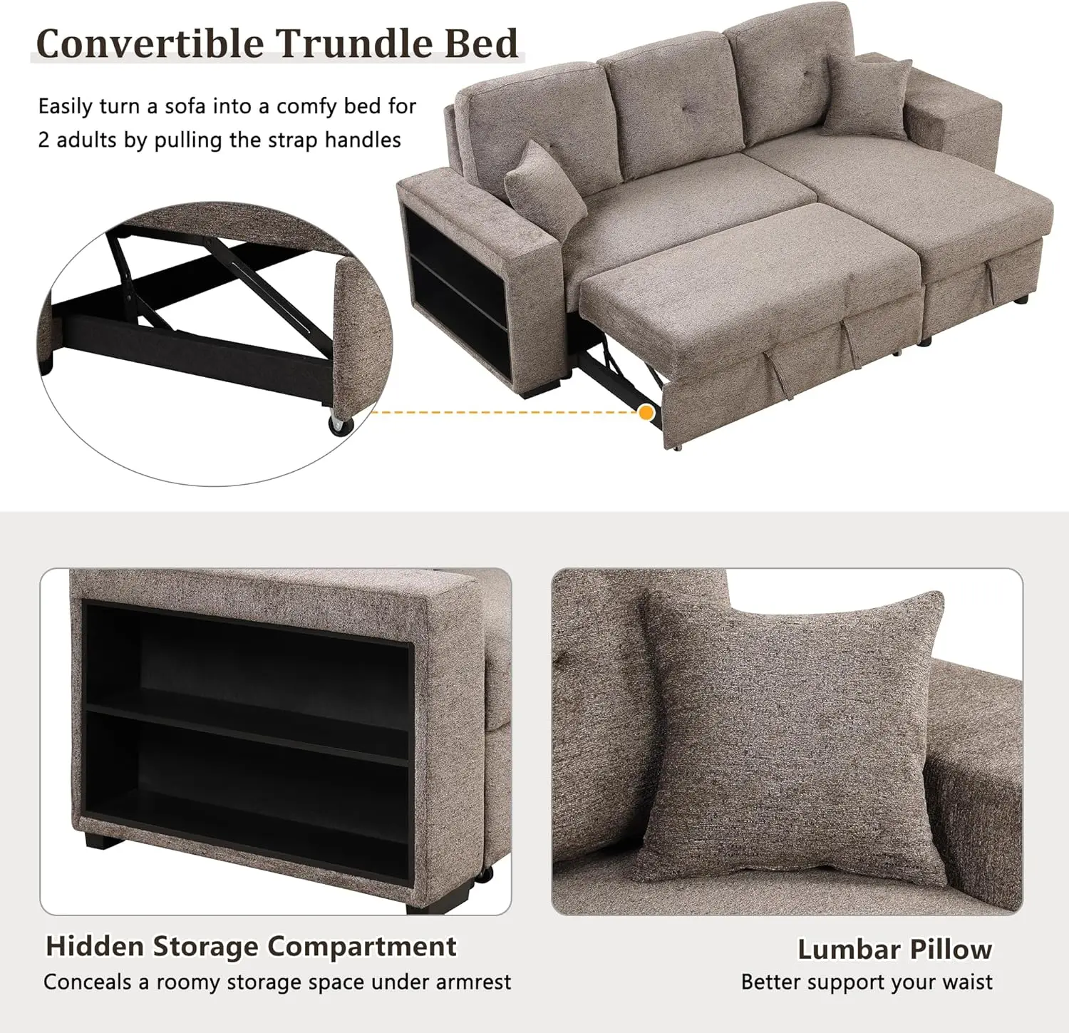 95"" Reversible Sleeper Sectional Sofa Bed With Side Shelf And 2 Stools,Pull-Out L-Shaped Couch With Storage Chaise Left/Right