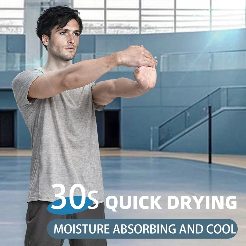 

New men's T-shirt with ice silk, sweat-absorbing, breathable, casual, sports, short-sleeved, solid color, quick-drying