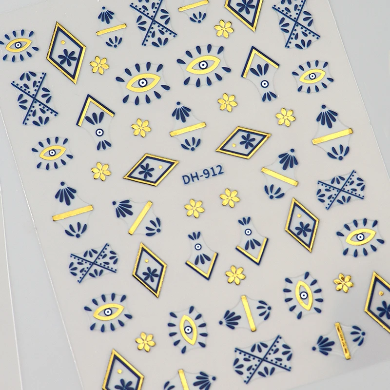 2 stuks Boheemse nagelstickers bronzing blauwe totem boze oog ontwerpen gouden lijn retro patronen zelfklevende stickers sliders decoratie