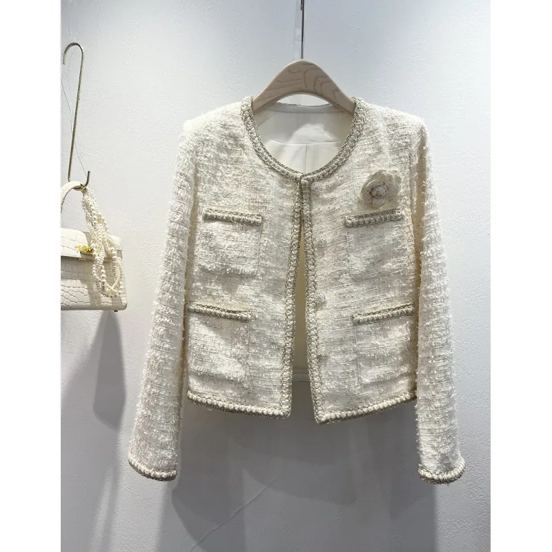 Women's sequined coarse woolen coat 2026 autumn and winter new style small fragrant round neck top