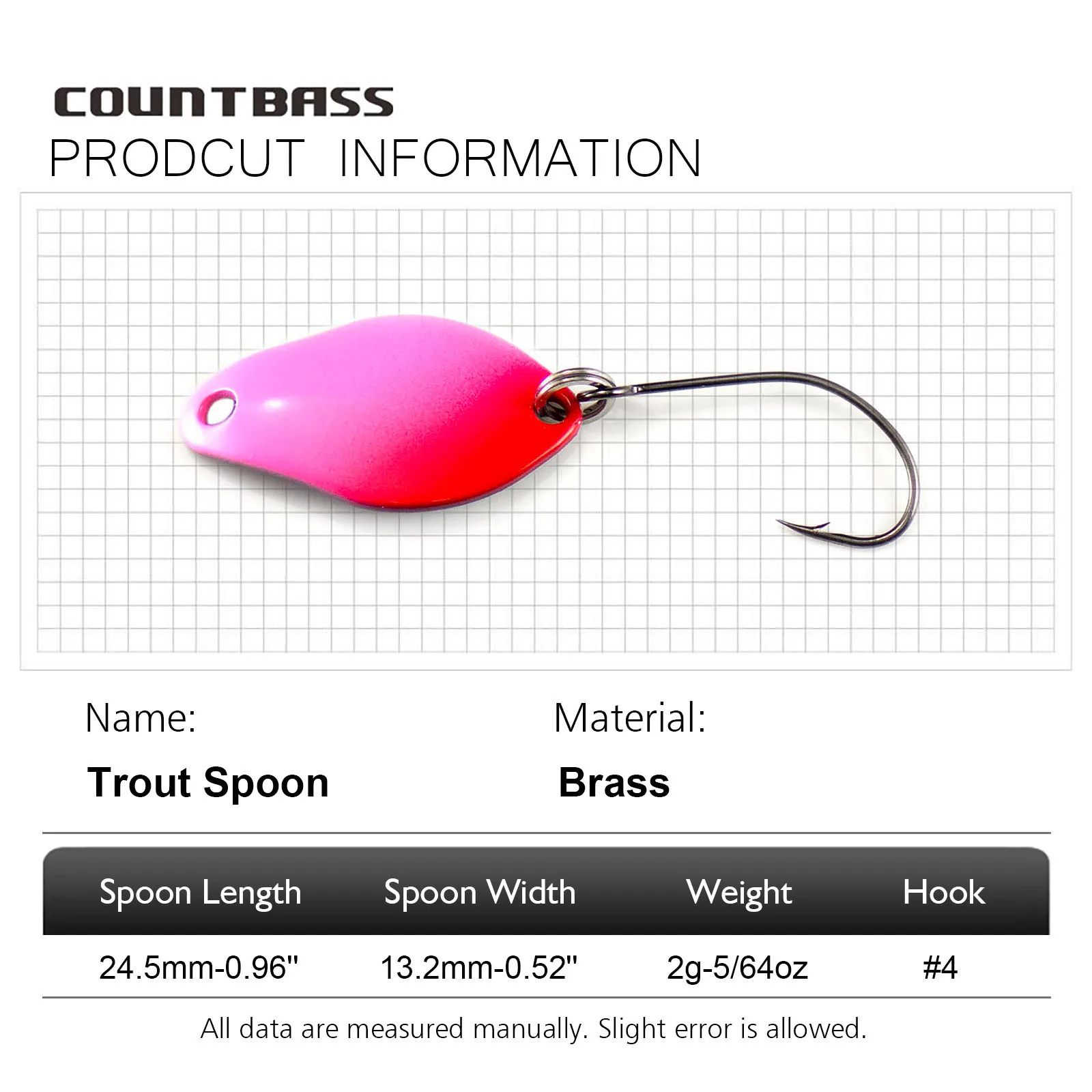 Countbass 6 PCS Trout Spoon Size 24.5x13.2mm, 2g  5/64oz Freshwater Salmon Pike Bass Metal Brass Fishing Lures Fish Bait