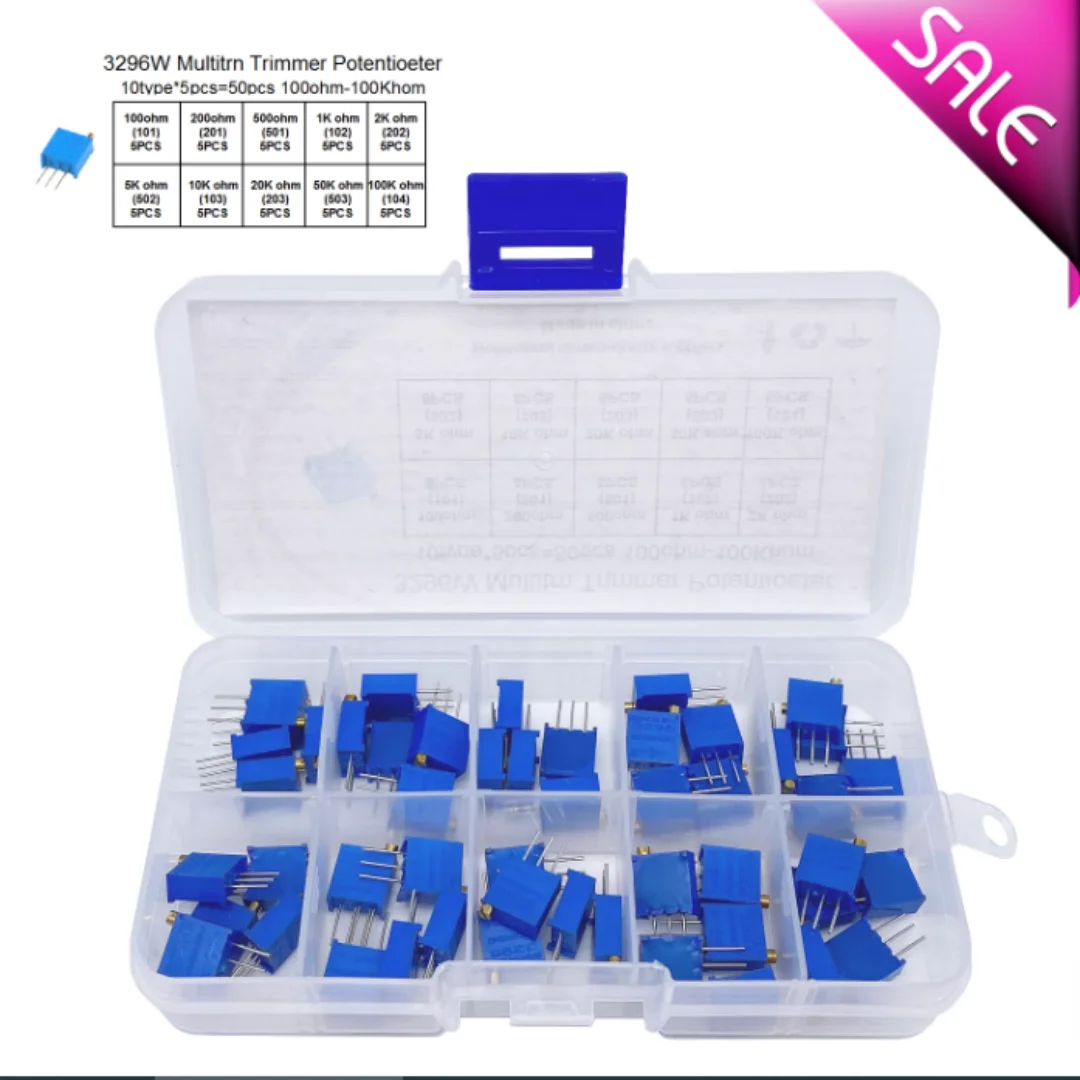 3296W Precision Multi-turn Adjustable Resistor Potentiometer, 10 Values from 100Ω to 100K, 5 Pieces per Value Set