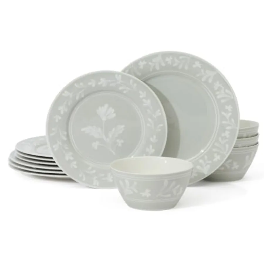 

Dinnerware Set - Maiden Crown 12-Piece Dish Set New Bone China Ceramic Plates and Bowls Floral Design Service for 4 Microwave a