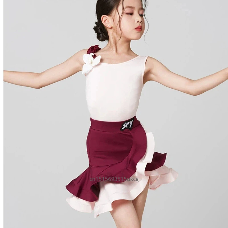 

Детское платье для латиноамериканских танцев для девочек, новинка 2026 года, летний комплект для выступлений и тренировок с контрастными бретелями, профессиональный