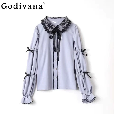 

Japanese Mine Mass- produced Bow Strap Love Buckle Lace Lolita Shirt Girly Sweet Cute Loose Elegant Long-sleeved Tops Blouses