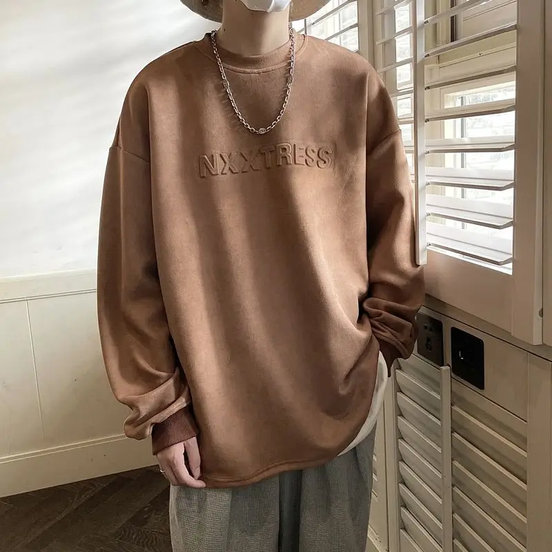 

Fashion Letter Loose Sweatshirts Men's Clothing American Retro Spring Autumn Round Neck Basic Solid Color Long Sleeve Hoodies