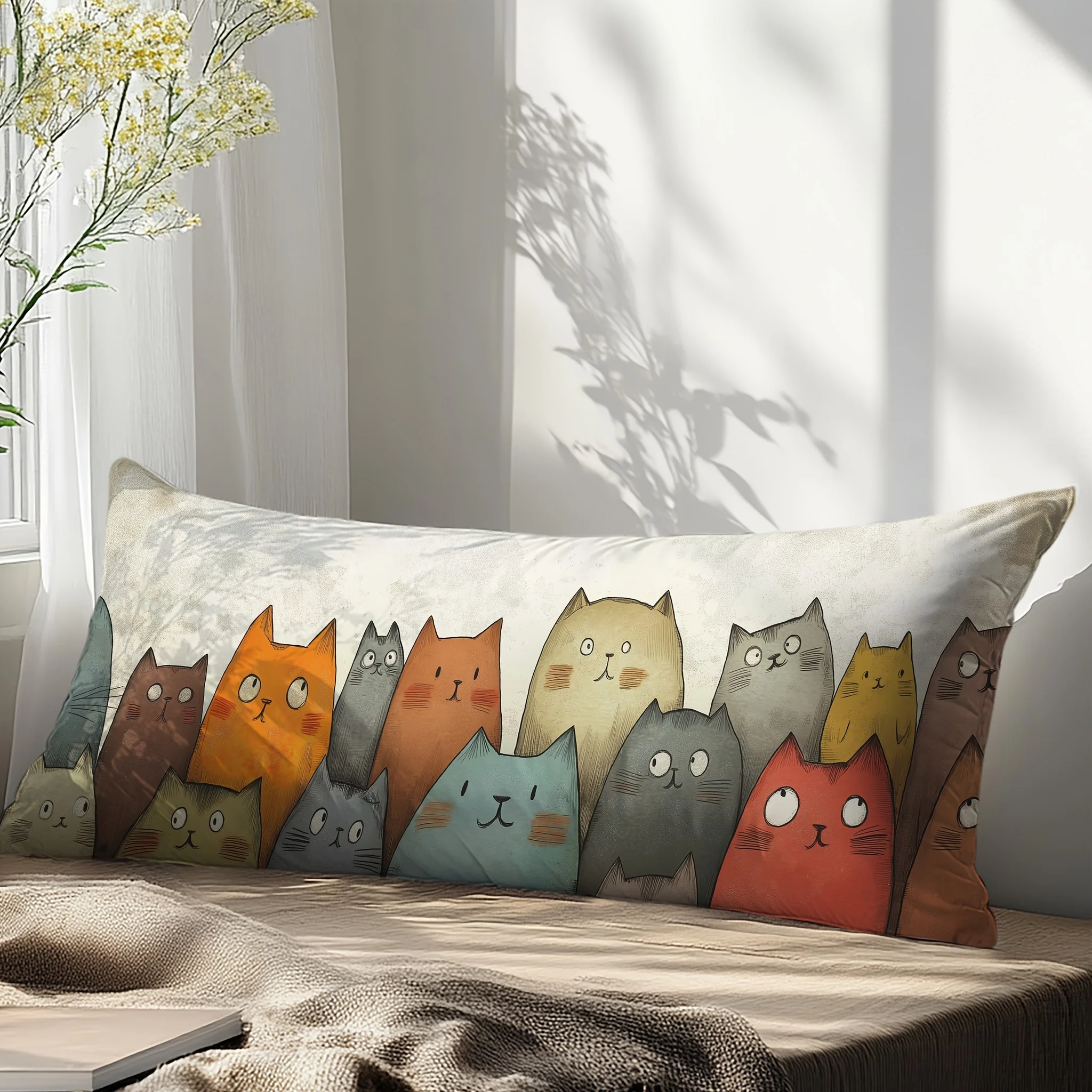 1pc Adorable Cartoon Cat Pattern 50.8cm x 137.16cm Long Pillow Cover - Soft and Comfortable Decorative Pillowcase with Zipper Cl