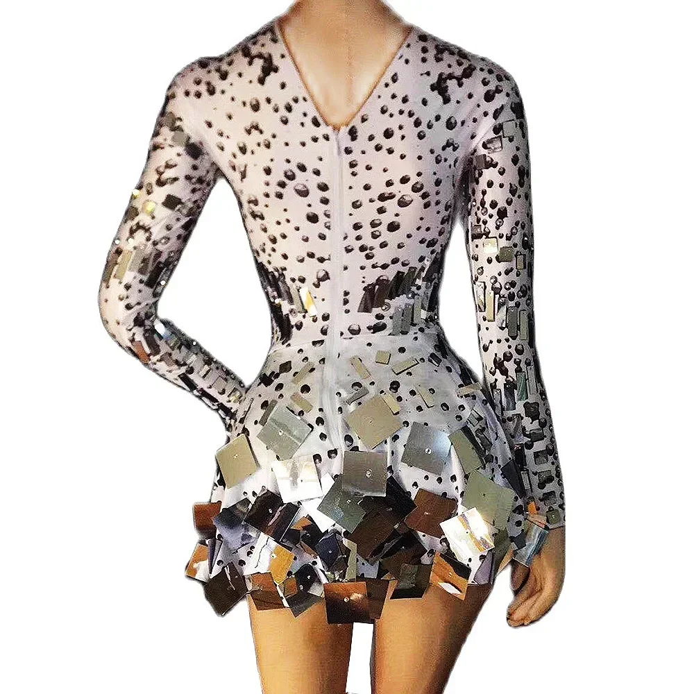 Lange Ärmel, silberfarben, glänzend, Spiegel-Pailletten, glitzernde Strasssteine, sexy Kleid für Frauen, Jazz-Latin-Tanzkostüme, Partykleidung