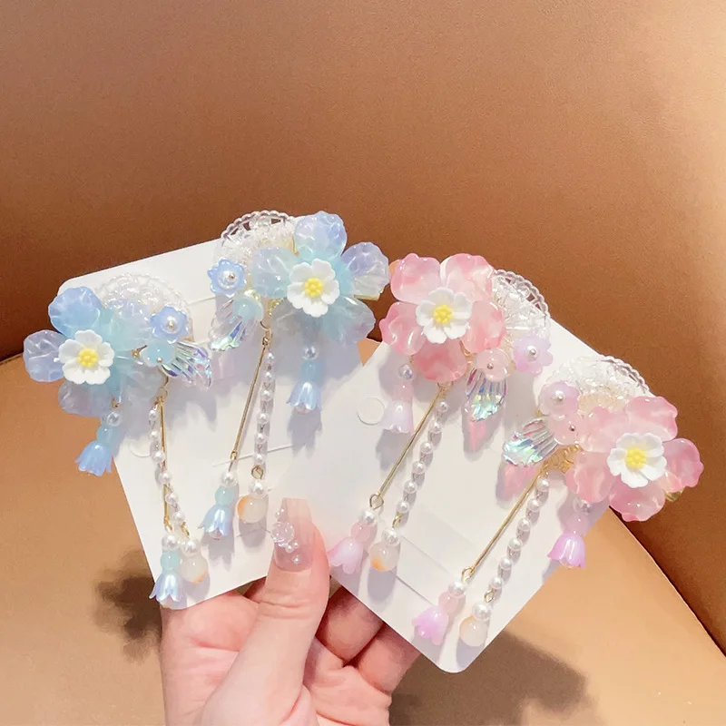 1pair Girls Flower Hair Clip Pearl Pendant Hairpin Cute Classic Taassel Tiara Chinese Hanfu Headwear Fairy Vintage Hair Jewelry