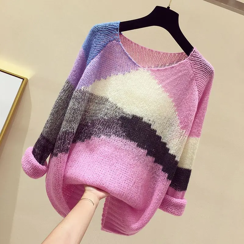 2024 Autumn/Winter Korean Edition Simple Fashion Casual Knitted Sweater Long Sleeve Loose Color Blocking Women\'s T-shirt Top