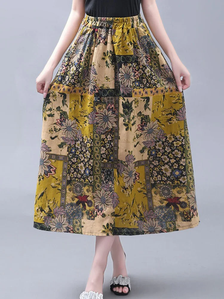 Pockets Style Elegant  High Waist Elastic A Line Boho Beach Holiday Long Skirts Cotton Floral Printed Skirts Loose