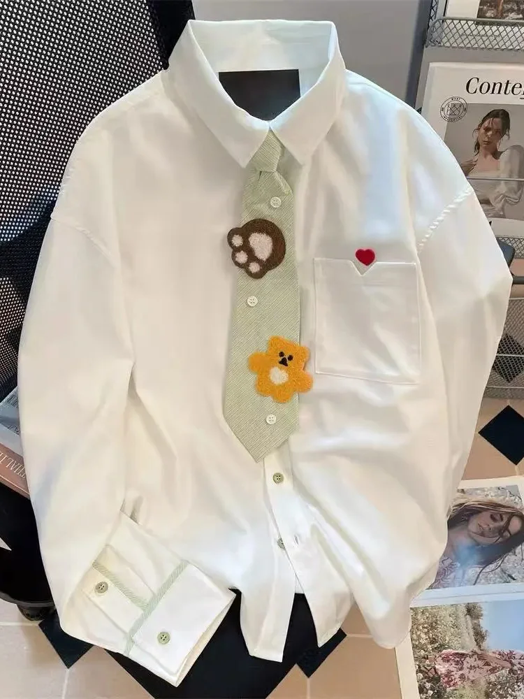 Nette Cartoon Krawatte Weißes Hemd Frauen Herbst Adrette Vintage Süße Bluse Japan Kawaii Langarm Weibliche Casual Oversize Tops