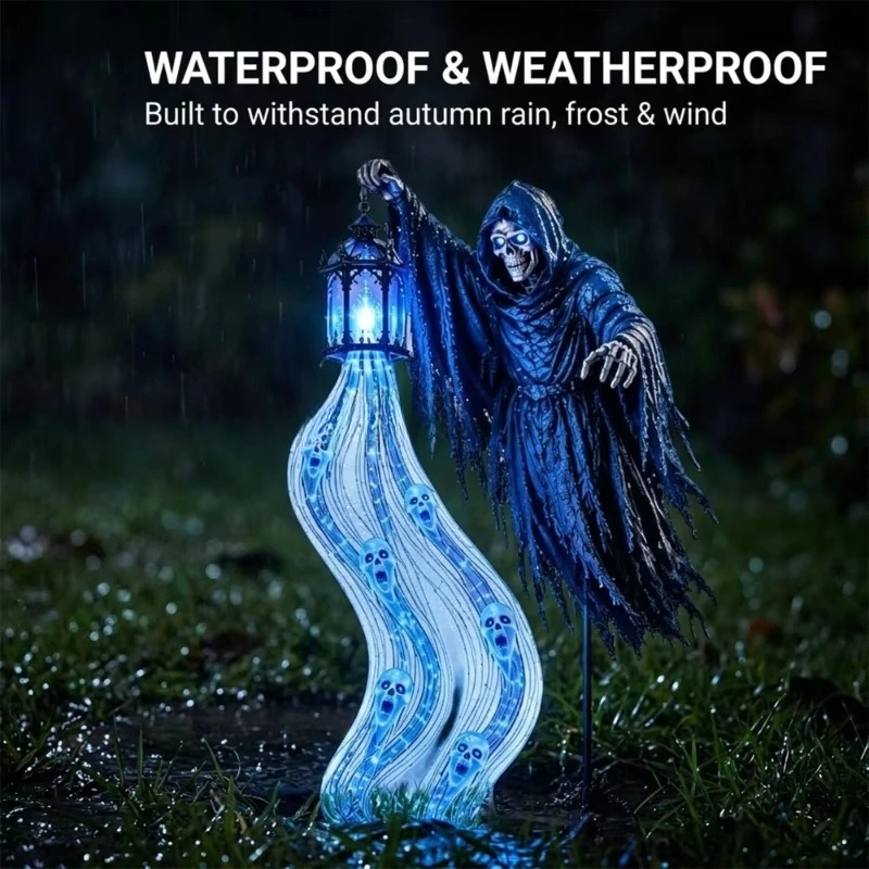 Solar Animated Grim Reaper Lawn Stake, Halloween Garden Light with Flowing Blue LED Soul Effect