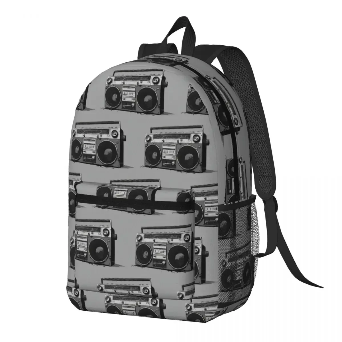 Vintage Grey Cartoon Boombox Backpack Daypack Large Capacity Boys Girls BookBag School Bag Shoulder Bags for Men Women