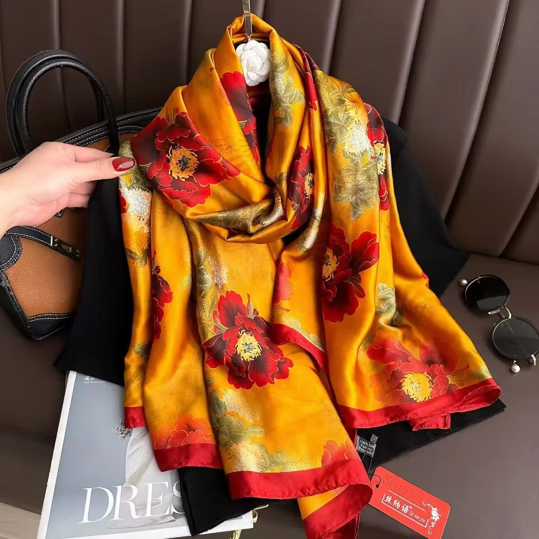 Silk Scarf Women Shawls Female Fashion Flowers For Traveling Sun Protect Sunscreen Beach Scarves Air Conditioning Luxury 2025