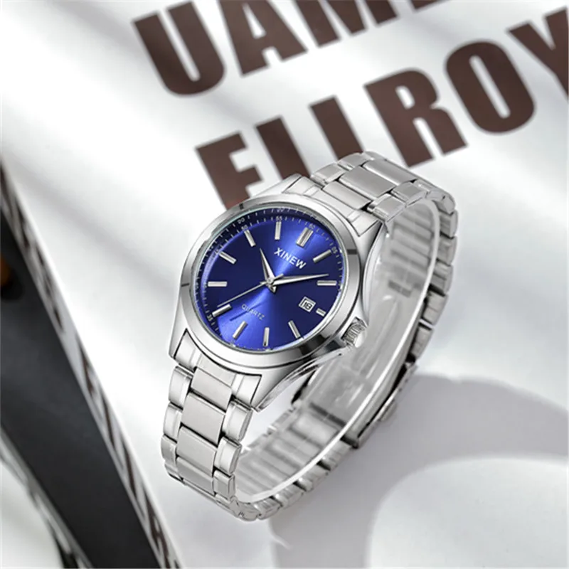 1pc / lot XINEW Brand Men Watches Silver Students Fashion Full Steel Band Simple Date Quartz Watch Reloj Hombre Montre Homme