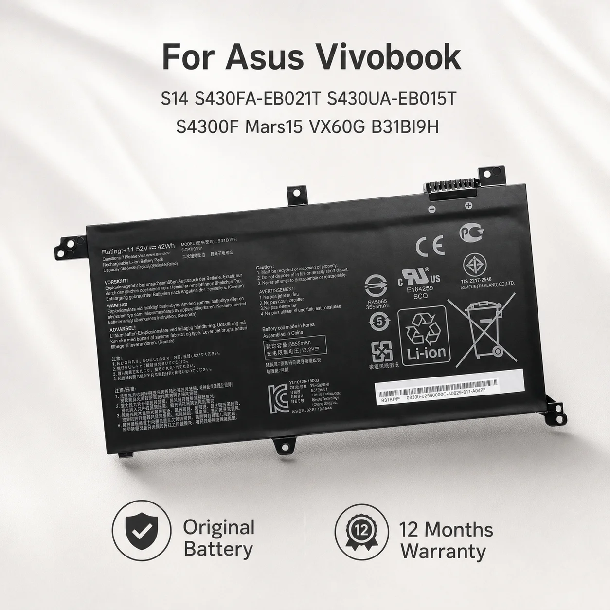 Сменная батарея для ноутбука B31N1732 11.52В 42Втч для Asus Vivobook S14 S430FA S430UA S4300F Mars15 VX60G B31BI9H