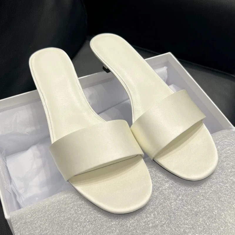 

French Vintage Silk Slippers Minimalist High Heel Summer Women Sandals Retro Fashion Slip-on Elegant Mule Shoes 4cm