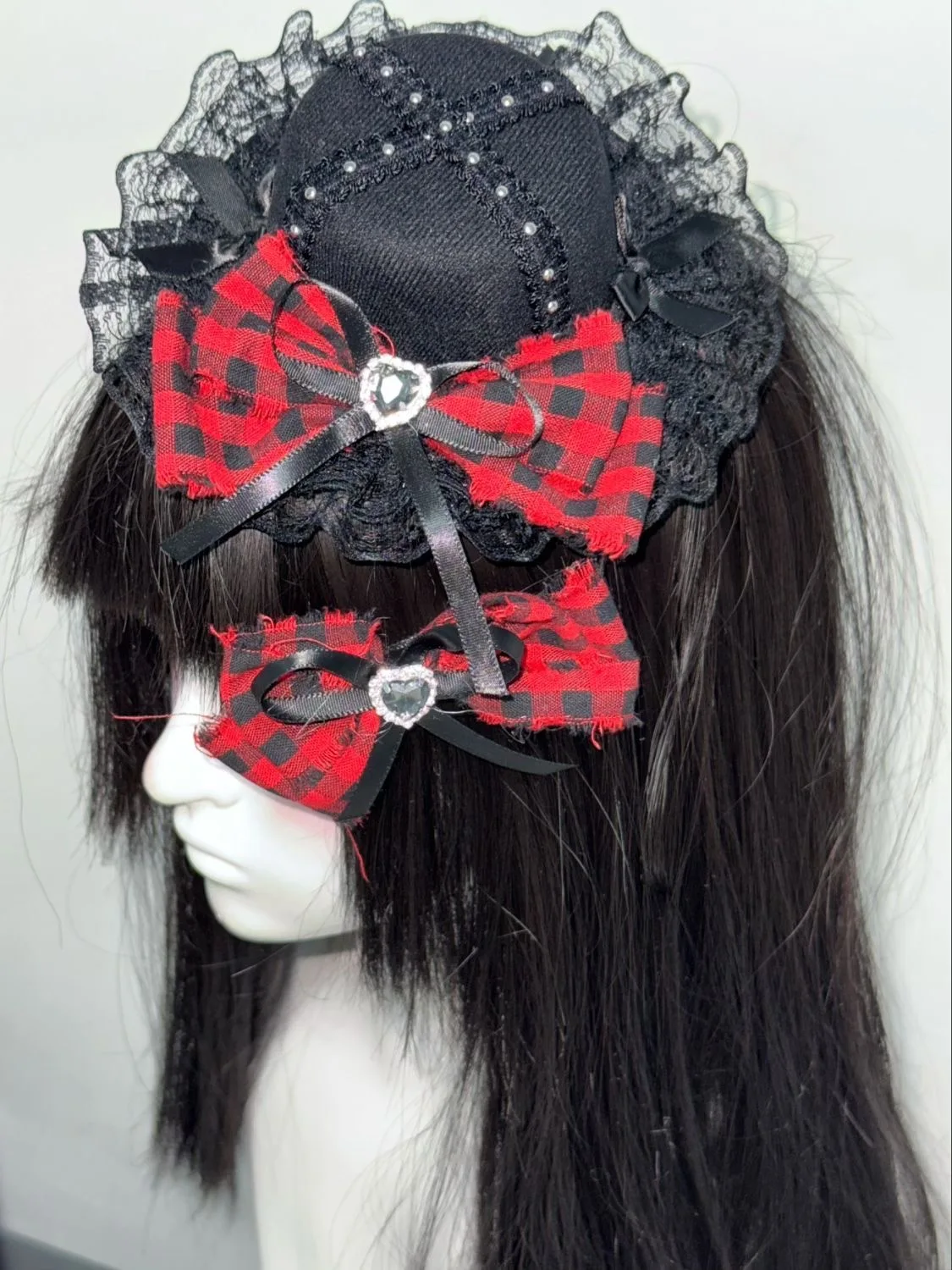 Lolita Sweet Plaid Bow Mini Top Hat Hair Clip Y2K Burgundy Hairpin Accessories Women Embroidery Lace Stitching Headpiece Female