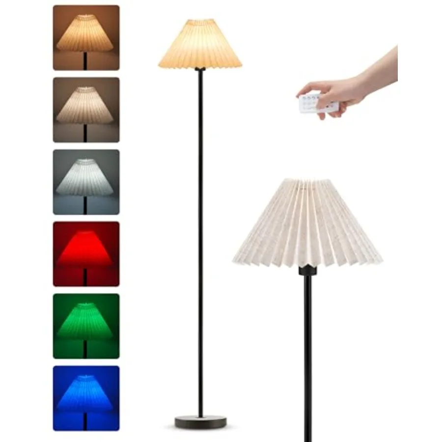 

Cordless Floor Lamp for Bedroom Rechargeable Battery Operated with Remote and Timer Dimmable RGB Pleated Standing Light Small C