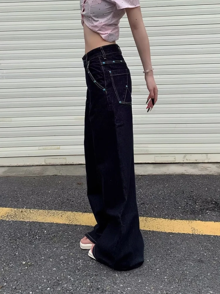 2025 Ropa Y2K Fashion Button Design Dark Blue Baggy Jeans Pants For Women Clothing Wide Leg Lady Casual Trousers Pantalon Femme: