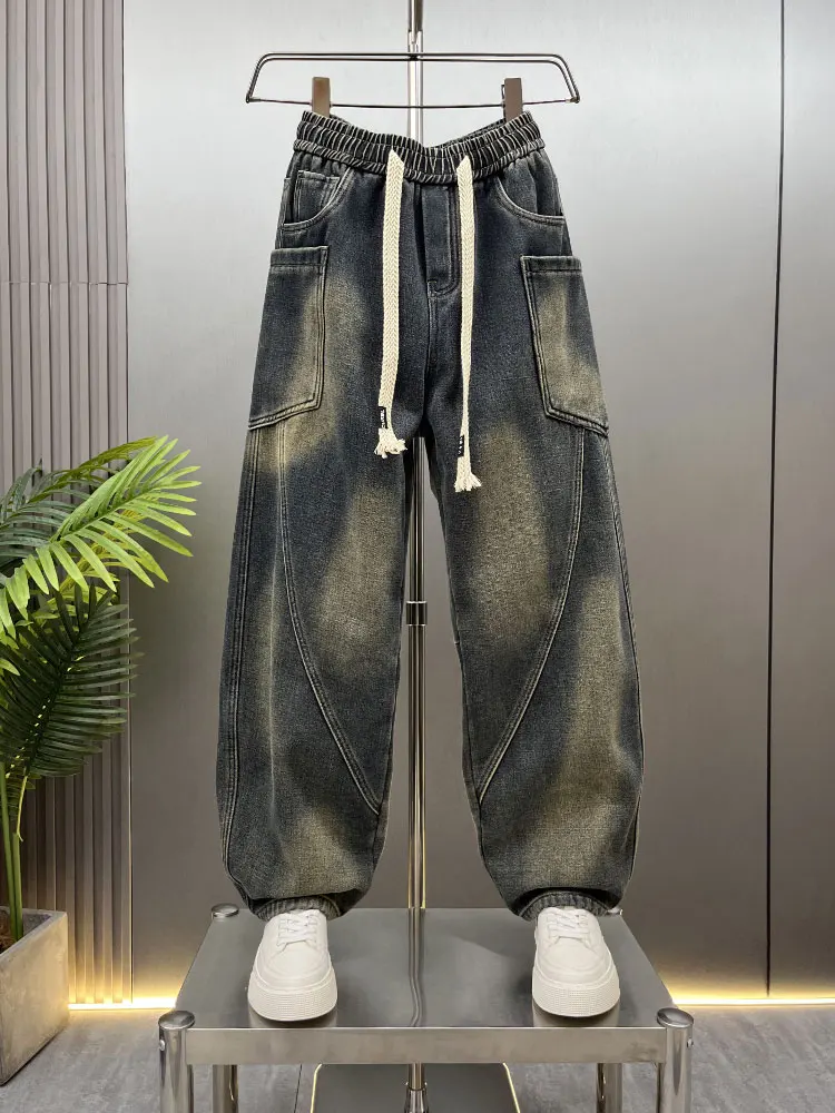 

Retro Waed Fce Lined Men's Jeans Winter Casual Loose Wide Leg Straight Knife Pants American Sle Youth Wear