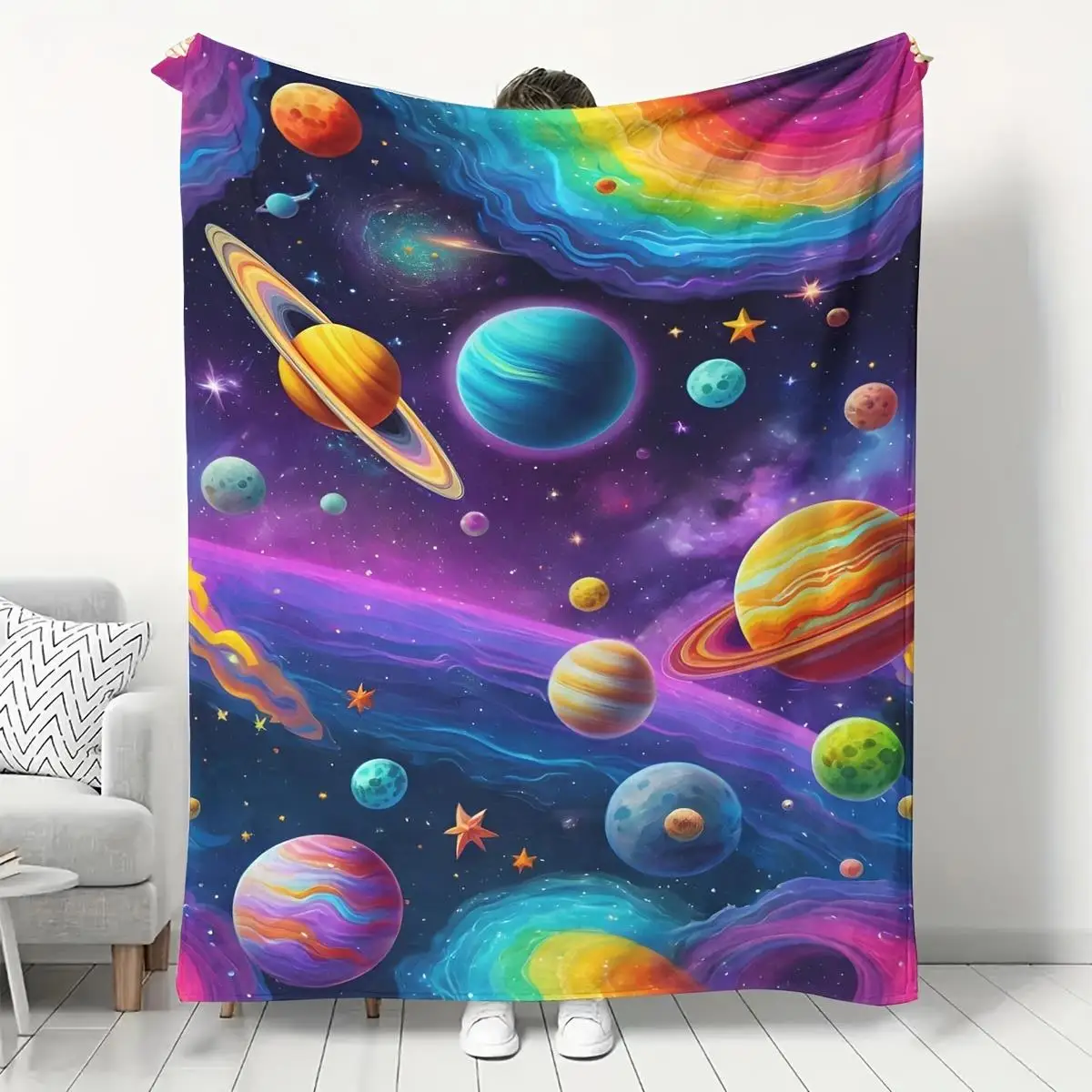 Dreamy Color Planet Pattern Flannel printed blanket suitable for all seasons suitable for living room office sofa and travel
