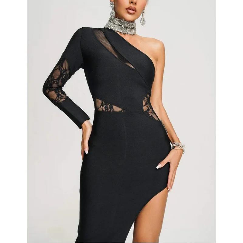 European and American hot tight bandage dress one-shoulder lace stitching high slit dress long sleeve cross-border dress