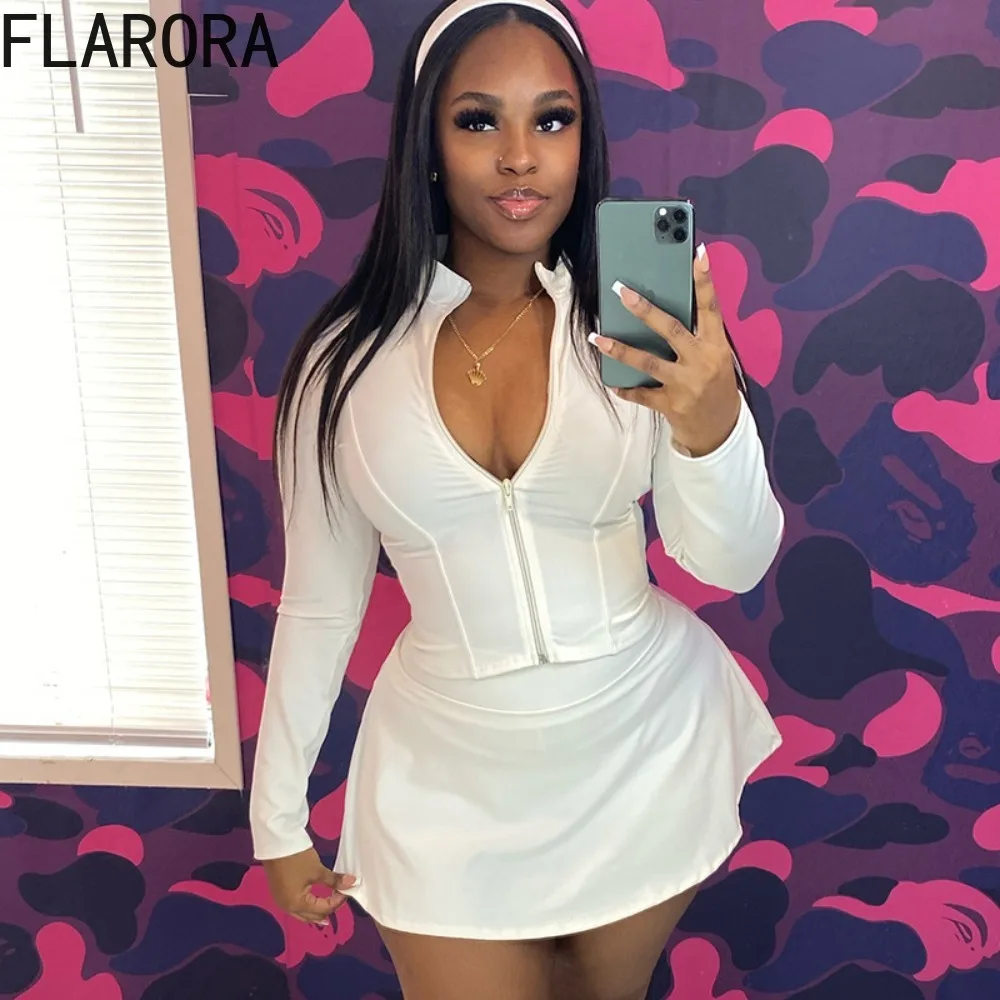 

FLARORA Elegant Solid Color 2 Pcs Sets Woman Long Sleeve Zip Slim Fit Jackets And Mini Pleated Skirts Outfits Street Tracksuits