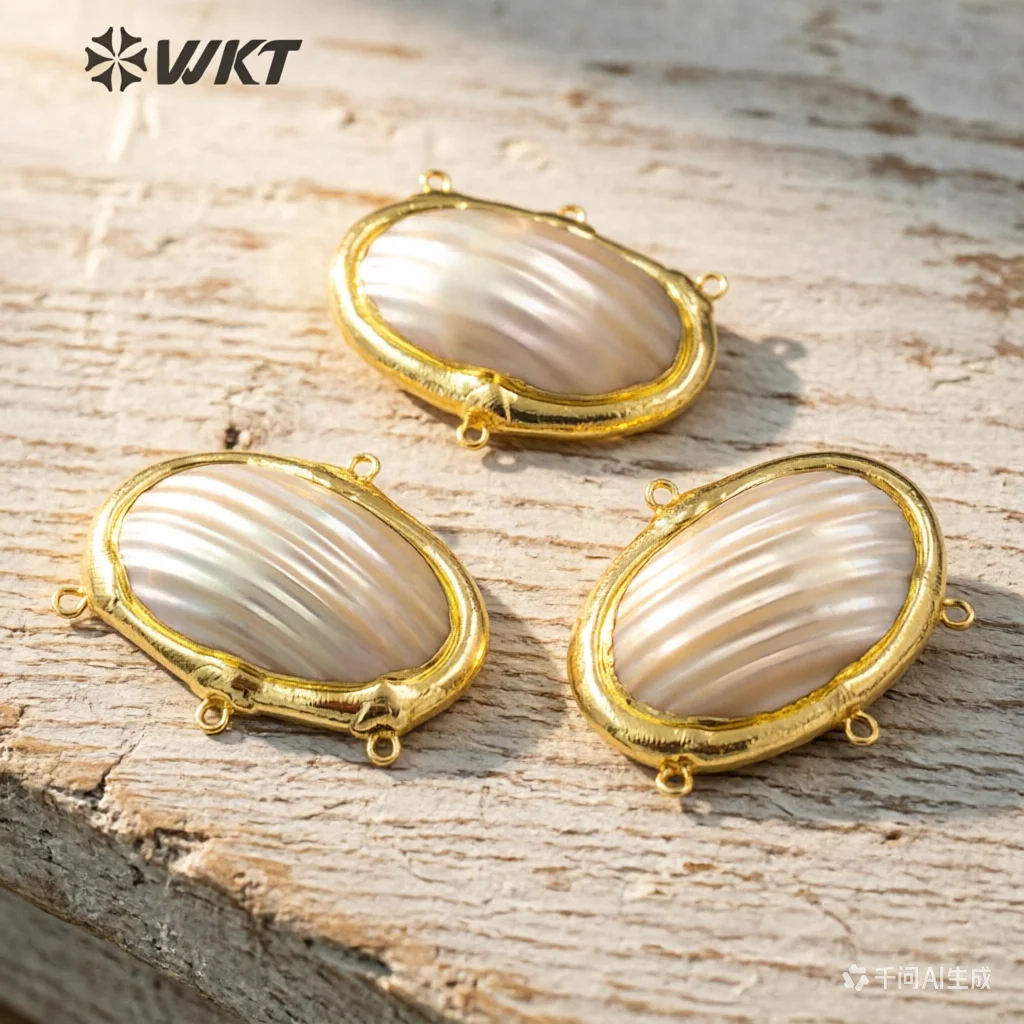 WT-PC009 Amazing 18k Real Gold Plated Oval Shape Natural White Mabe Shell Connectors with hoops For Jewelry Necklace Design