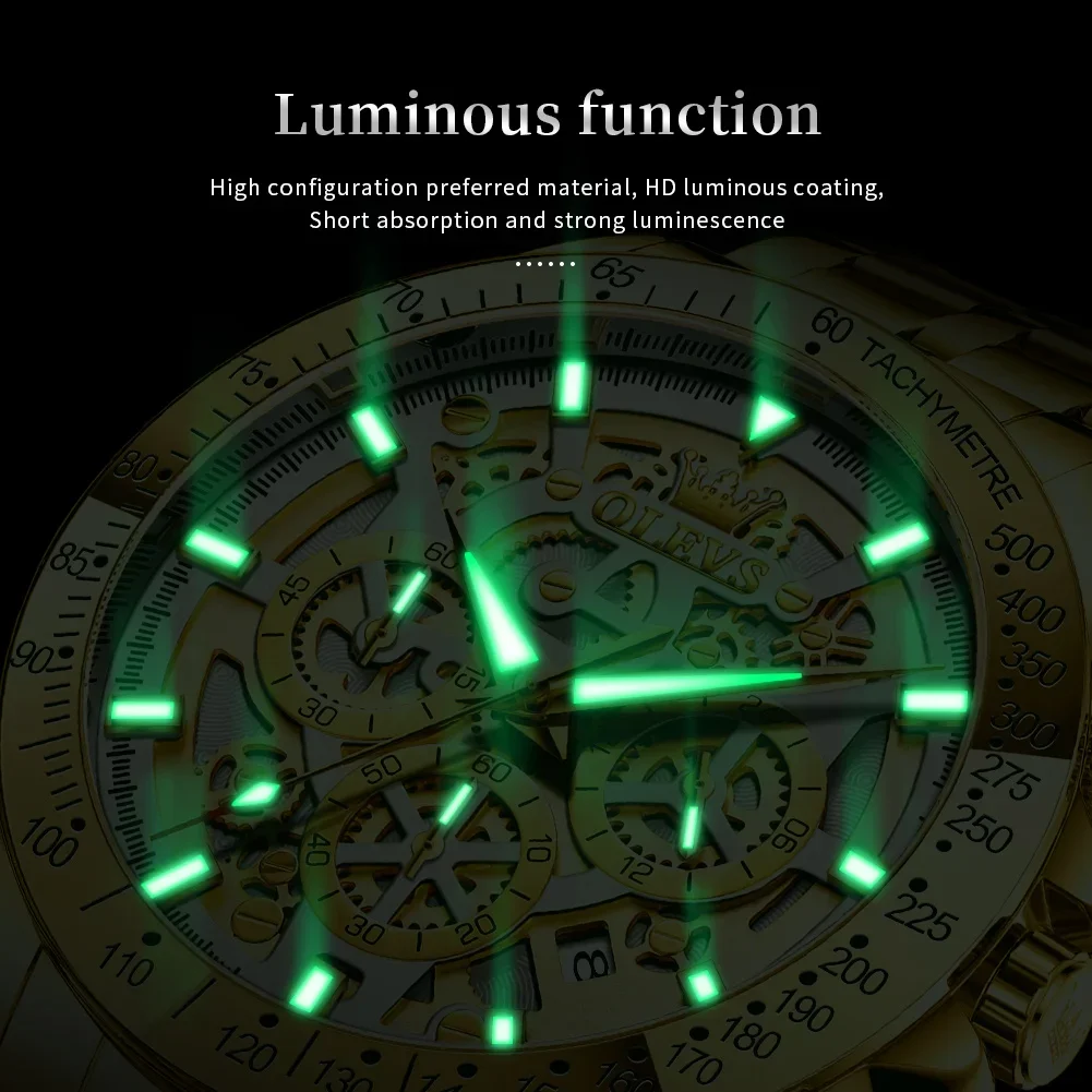 OLEVS Lxuxry Brand Gold Men\'s Watches Full Skeleton Stainless steel Chronograph Wristwatch Waterproof Luminous Quartz Watch Men