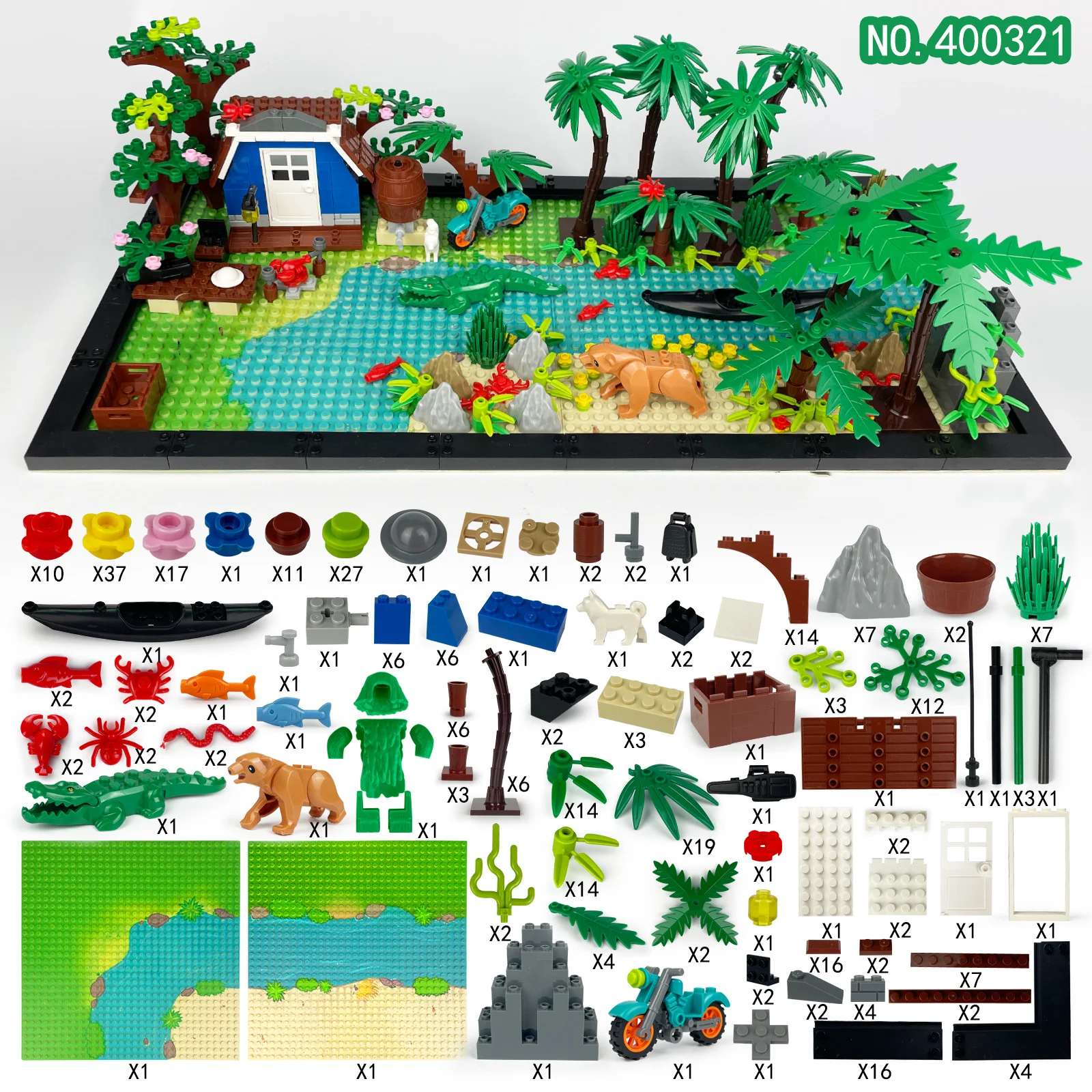 

MOC Jungle Villa Animal Vegetable Assembly Compatible Building Block DIY Toy Crocodile Dog Bear Fish Accessories Model Bricks