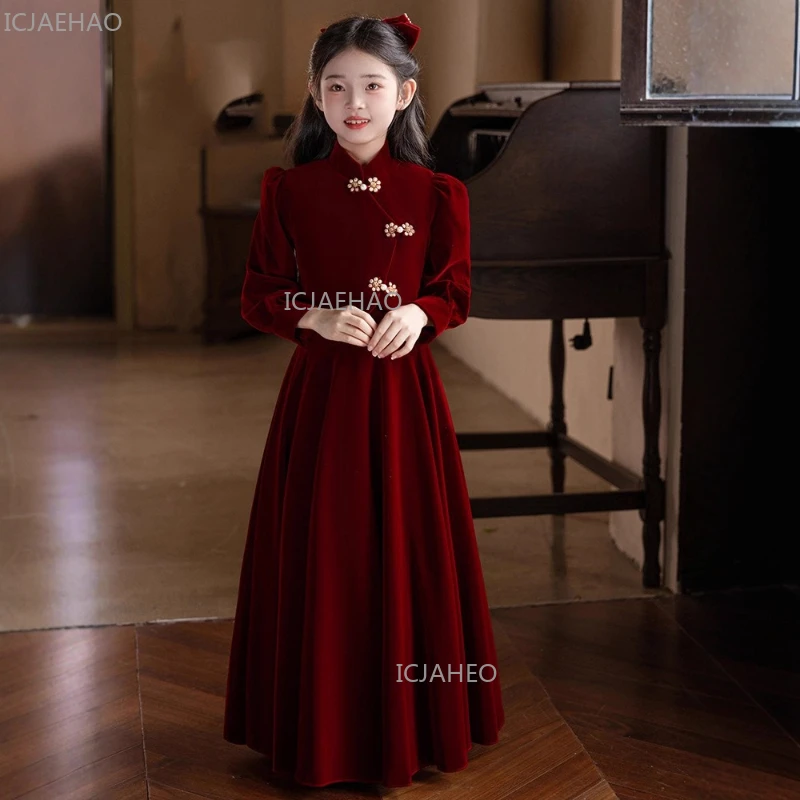 2026 Chinese Style Girls Red Velvet Dress Children Host Long Sleeve New Year Celebration Formal Traditional Cheongsam Outfit