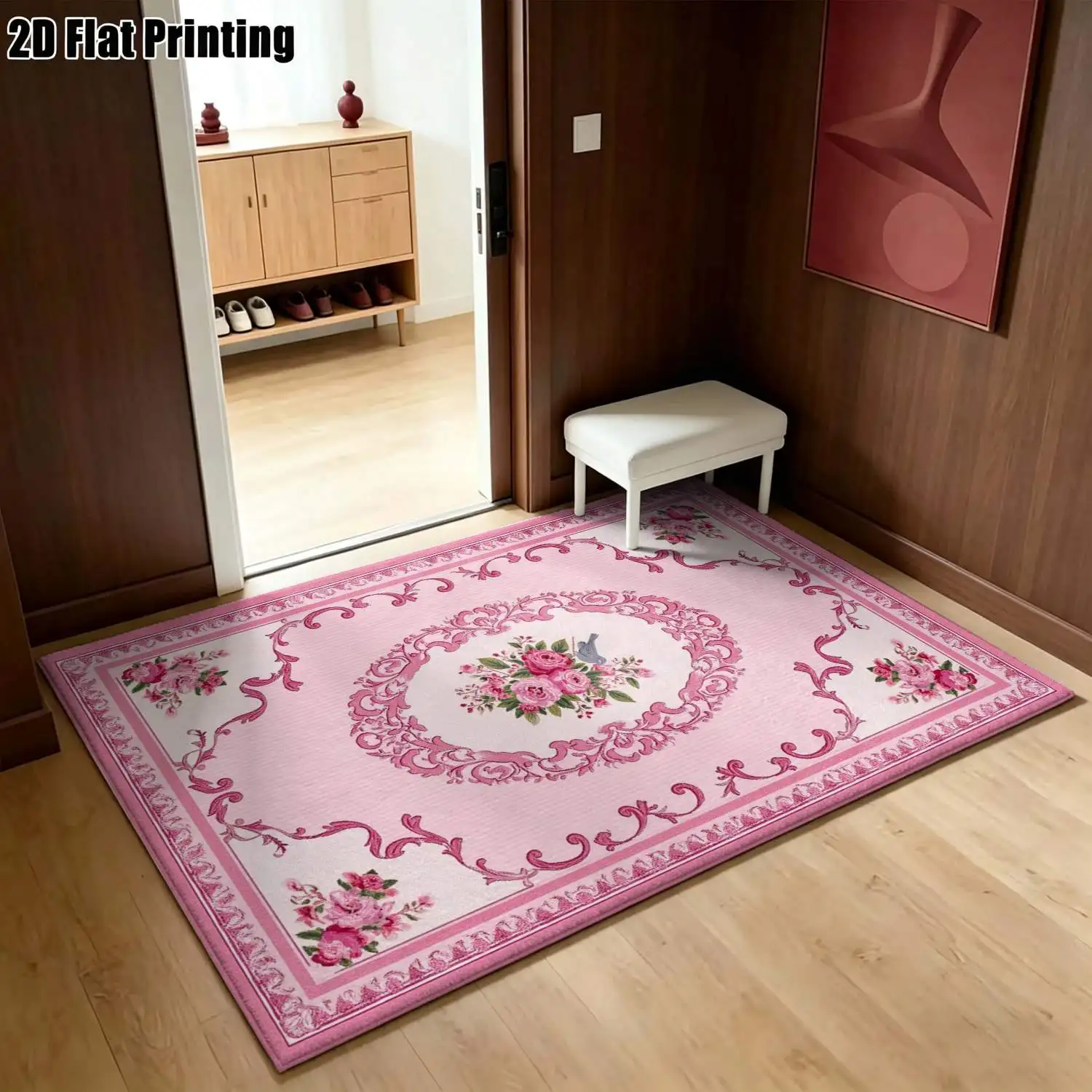 1Pc 2D Printed Carpet: Pink Flowers & Blue Birds, European Vintage Floral Geometric Striped Decor, Machine Washable, Multi-Size, Multi-Scene Home Decoration Mat