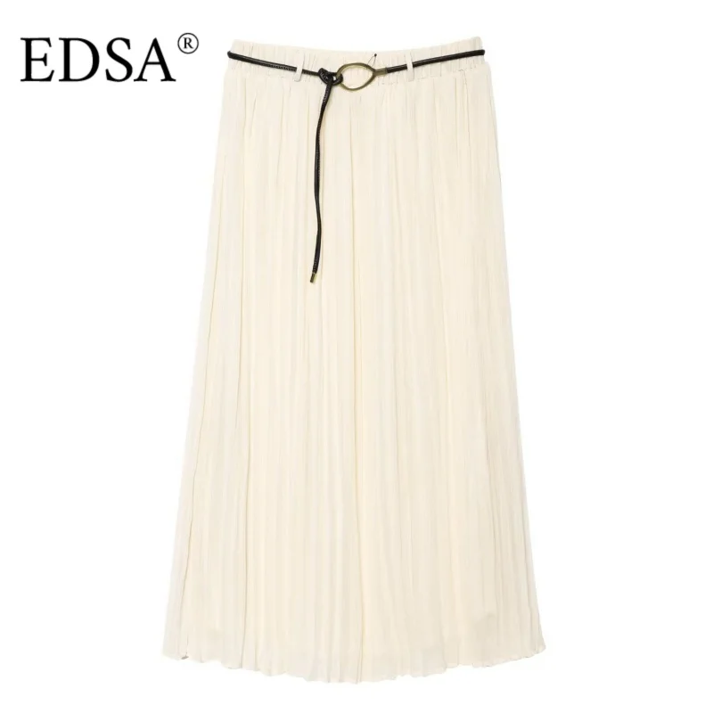 

EDSA Women Beige Flowy Midi Skirt with Belt Elastic Waistband Solid Color Long Straight Skirts Streetwear
