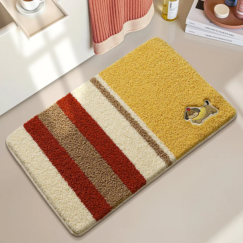 Premium Flocked Bath Mat with Cartoon Dog Embroidery, Thick Soft Absorbent Non-Slip Bathroom Rug, Antibacterial Shower Floor Mat