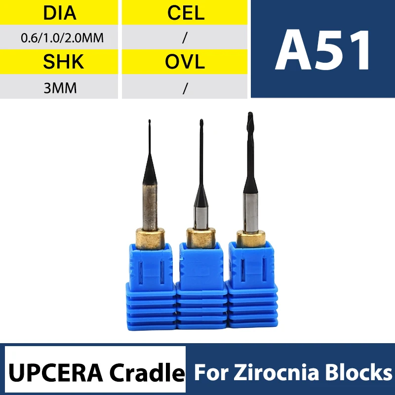 

XANGTECH UPCERA Cradle A51 DC/DLC Zirconia Milling Bur 0.6/1.0/2.0mm High Precision for Zirconium Blocks