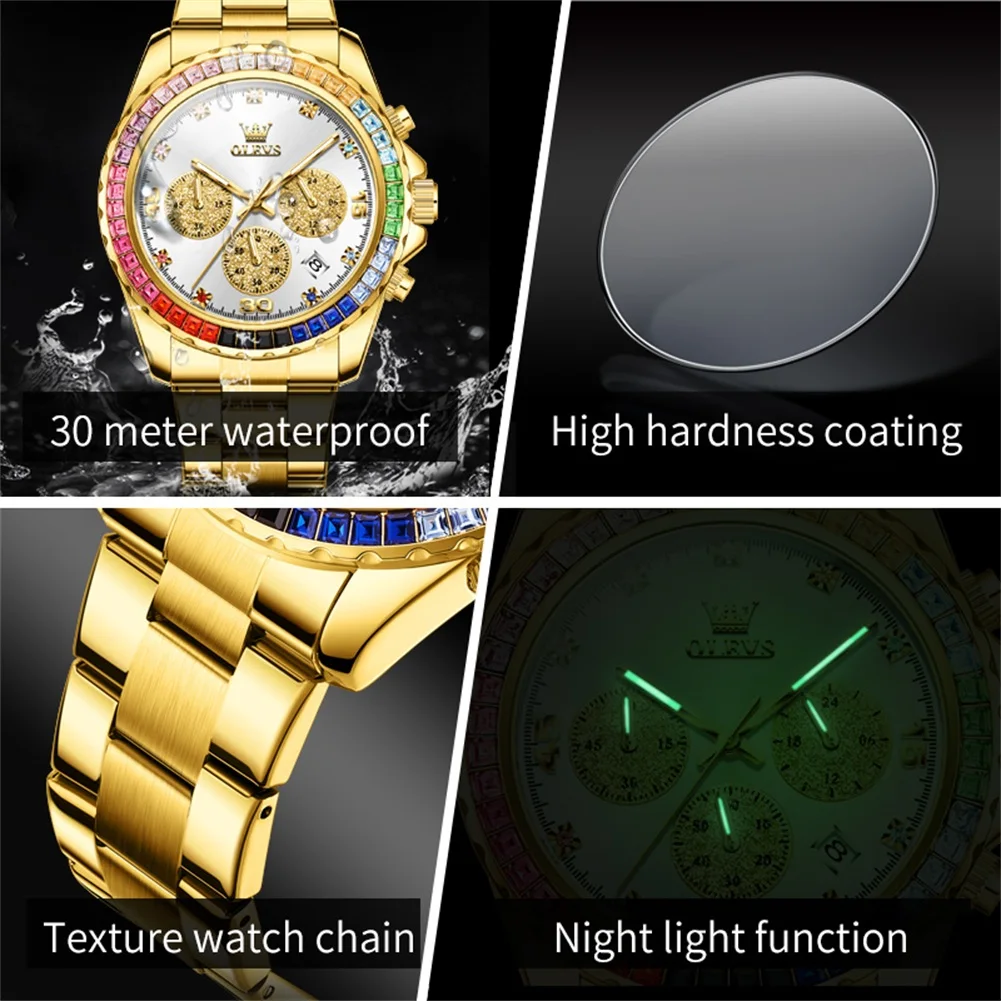 OLEVS Colorful Diamond Men Watch Multi functional Stainless Steel Waterproof Timing Code Luxury Original Brand Men Quartz Watch