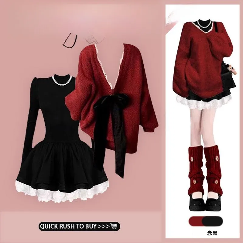 

Elegant Autumn Knitted Set Women's Knot Slimming Sweater Waist-Cinching Dress Two-Piece Ensemble Fashionable Ensemble