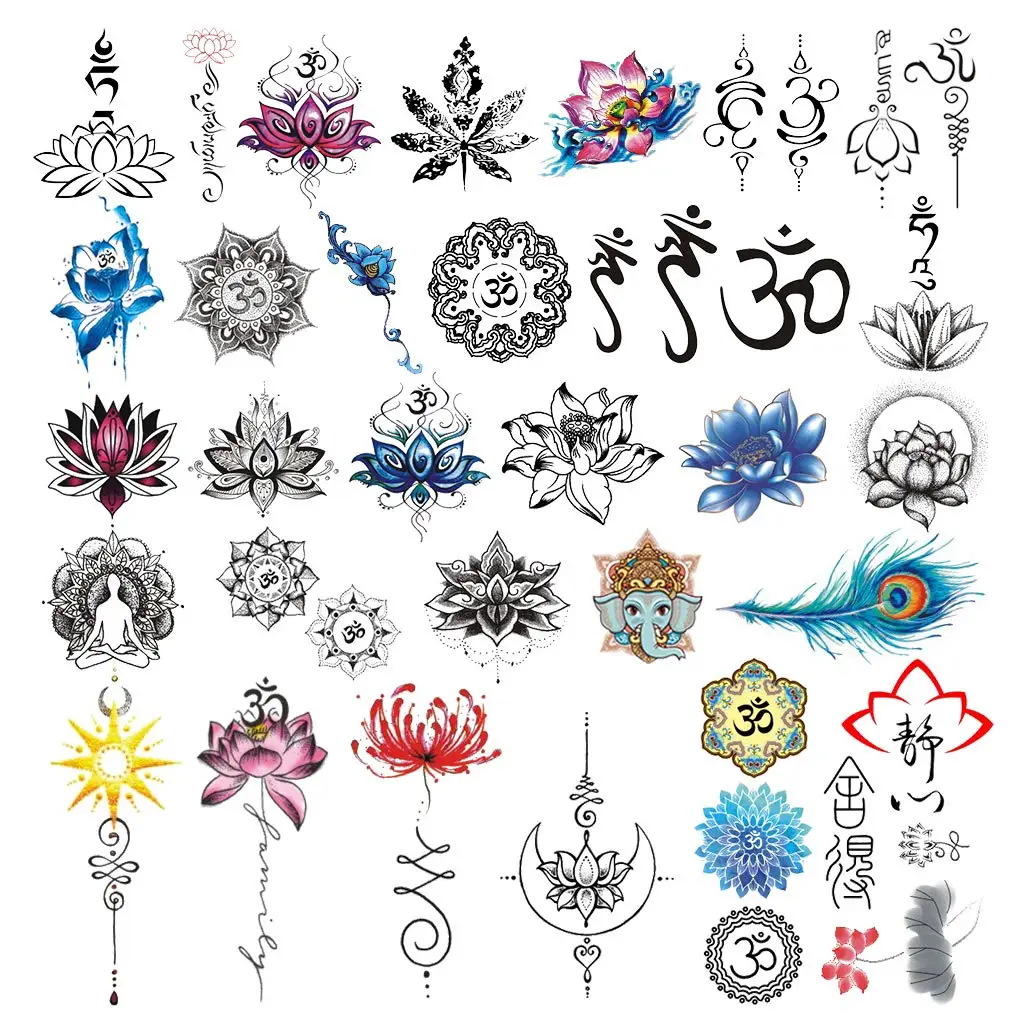 30 Sheets Yoga Temporary Tattoo Set Lycoris Radiata Shabda OM Mandalas Lotus Elephant Peacock Feather Waterproof Sticker
