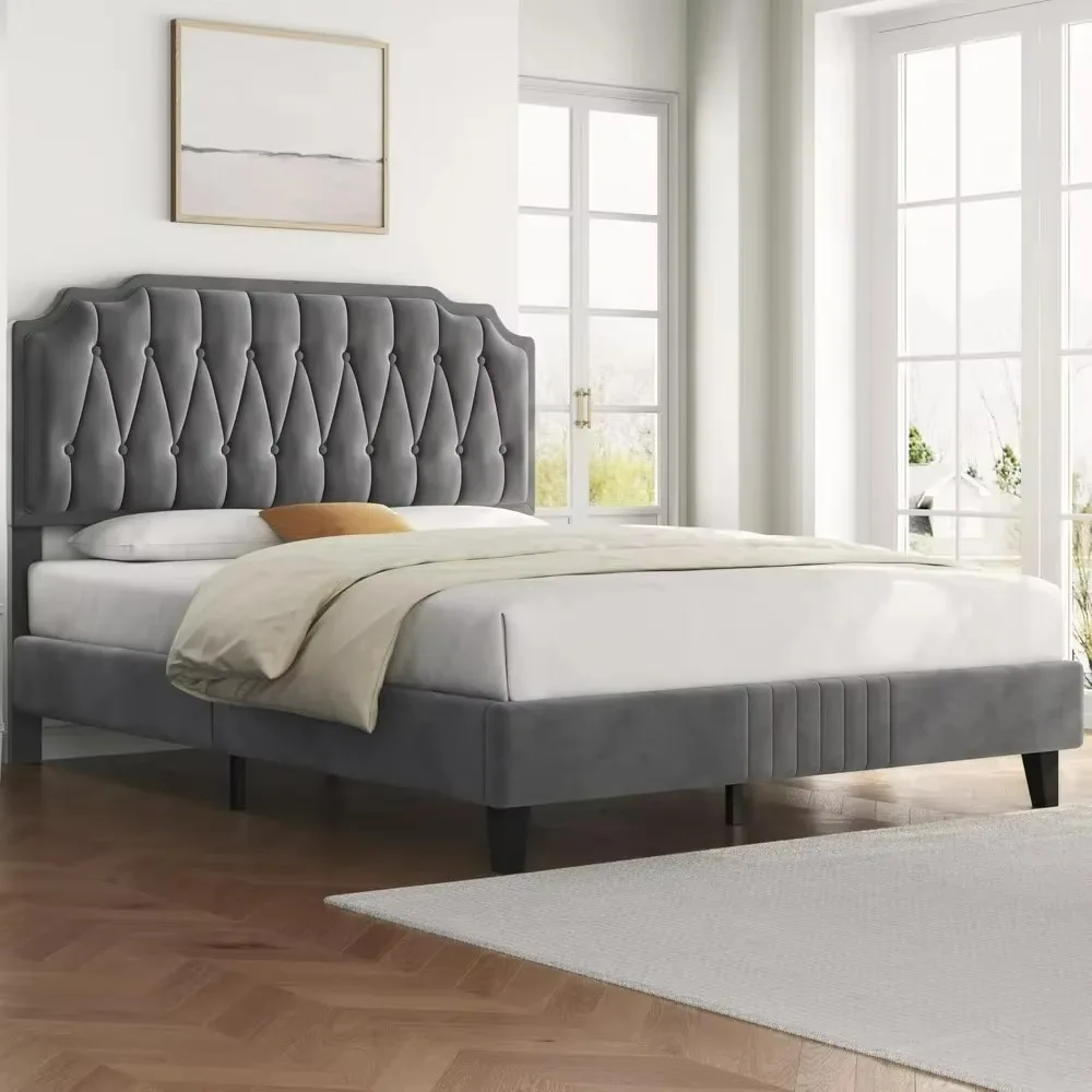 

Queen Bed Frame, Height-Adjustable Headboard Noise-Free Slats Support No Box Spring Needed, Velvet Upholstered Platform Bed