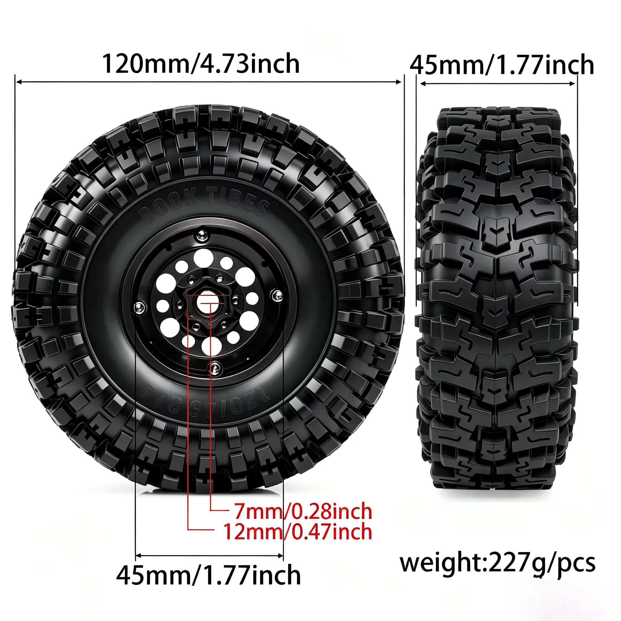 4pcs 120mm 1.9 Inch RC Crawler Tire Wheel Set Black Alloy Rims Upgrade Parts Fit 1/10 Traxxas TRX4 Axial SCX10 Off-Road Truck