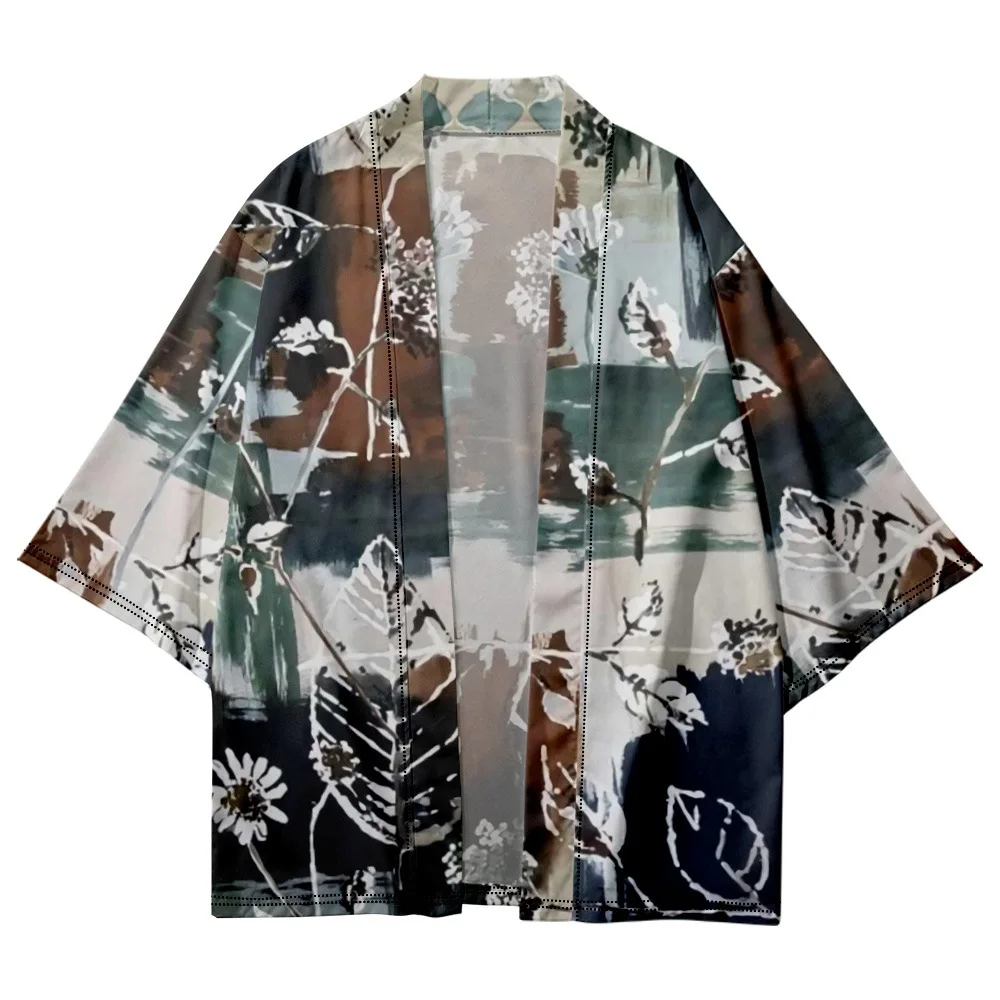 Loose Leaves Floral Printed Kimono Beach Shorts Cardigan Summer Casual Couple Women Men Haori Yukata Streetwear