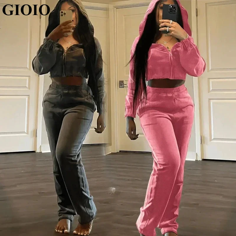 GIOIO Xs Size 2 Piece Set Tracksuit Women Long Sleeve Zipper Hooded Jacket Top Autumn Winter Sweatpants Jogging Suit